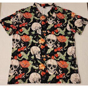 Skull & Floral Print Button-Up Shirt 3XL  Polyester/Spandex Blend  Short Sleeve